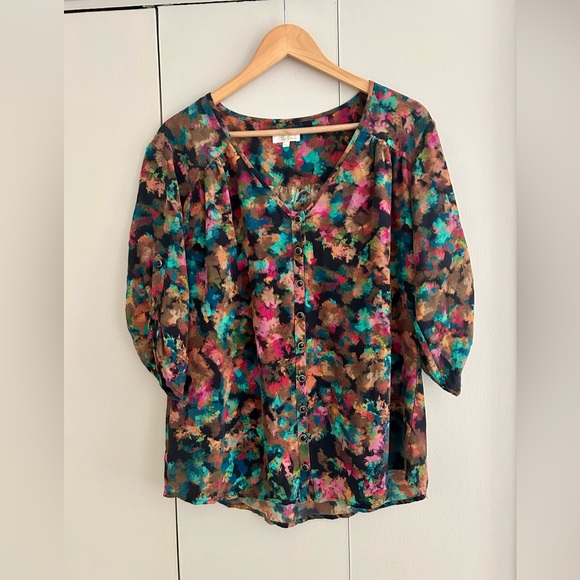 Shoshanna Floral Print 100% Silk 3/4-Sleeve Multicolor Blouse - Size 10 - Picture 3 of 10